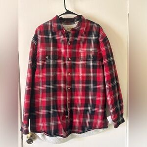 Red head black and white plaid long sleeve jacket Sherpa lined